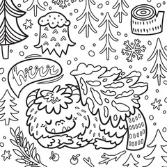 Cartoon Bigfoot or Yeti sleeping in the forest under the tree. Contour illustration