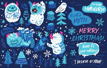 Collection with woodland elements, cartoon Yetis and phrases in vector. Winter set