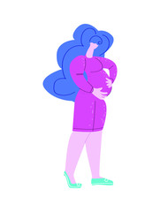 Vector flat illustration with pregnant happy woman in dress. White, blank background. Сoncept of motherhood, pregnancy, waiting for birth child. Can be used in web design, printing and other products.