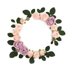 White rose roses green leaves. The shape of the circle. Circular composition. Isolated on white background. View from above. view top. Flat lay.