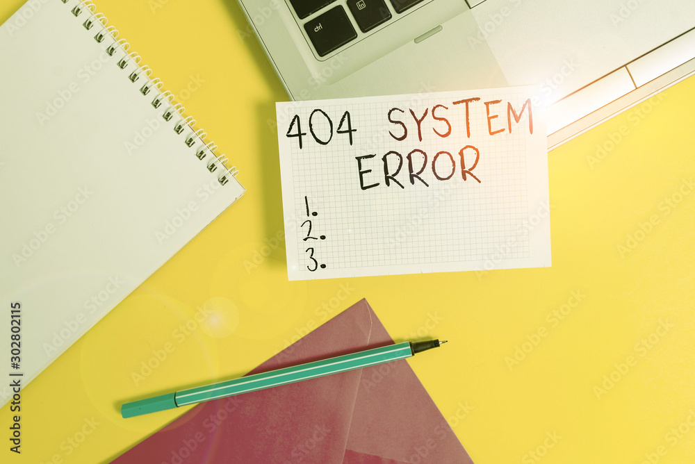 Fototapete Conceptual hand writing showing 404 System Error. Concept meaning message appears when website is down and cant be reached Laptop marker square sheet spiral notebook color background