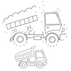 Puzzle Game for kids: numbers game. Lorry or dump truck. Construction vehicles. Coloring book for kids. © oleon17
