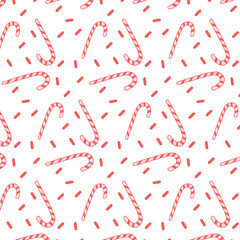 Pattern with Candy cane. Vector ornament with christmas sweets on a white background. Holiday design.