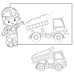 Puzzle Game for kids: numbers game. Lorry or dump truck. Construction vehicles. Coloring book for kids. © oleon17