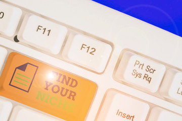 Writing note showing Find Your Niche. Business concept for Market study seeking specific potential...