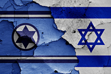 flags of Israel Air Force and Israel painted on cracked wall
