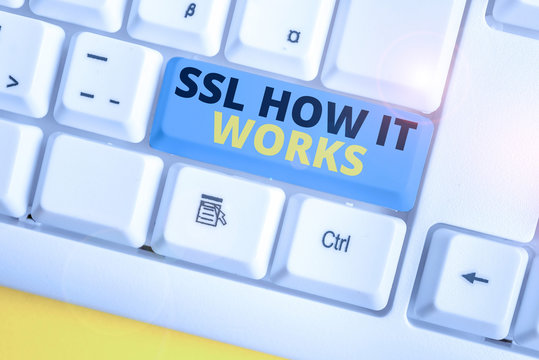 Text sign showing Ssl How It Works. Business photo text session key is used to encrypt all transmitted data White pc keyboard with empty note paper above white background key copy space