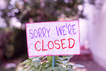 Conceptual hand writing showing Sorry We Re Closed. Concept meaning Expression of Regret Disappointment Not Open Sign Plain paper attached to stick and placed in the grassy land