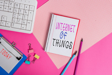 Conceptual hand writing showing Internet Of Things. Concept meaning connection of Devices to the Net to Send Receive Data Writing equipments and computer stuff placed on plain table