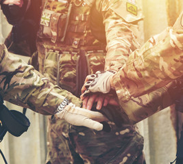together collaborate of hands teamwork soldier