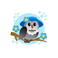 Illustration of Owl  Wearing A Hat Cartoon, Cute Funny Character with, Flat Design