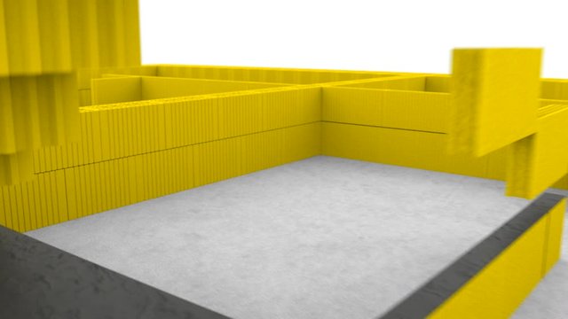 3D abstract animation of the house construction process from the basement. Stock footage. Colorful blocks putting together and creating the house foundation