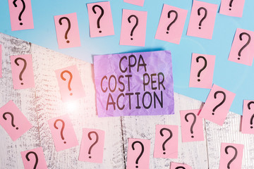 Text sign showing Cpa Cost Per Action. Business photo showcasing Commission paid when user Clicks on an Affiliate Link Scribbled and crumbling papers with thick cardboard above wooden table