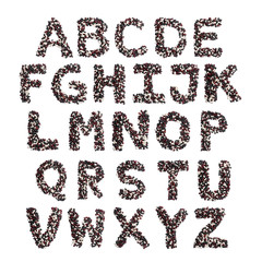 English alphabet from colorful beans on a white isolated background. Purple, White, Brown Beans pattern. healthy food concept. Letters for composing texts