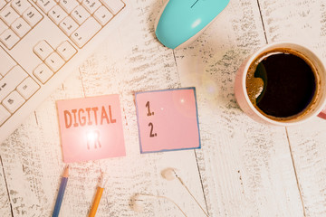 Word writing text Digital Pr. Business photo showcasing marketing strategy used to increase their online presence technological devices colored reminder paper office supplies keyboard mouse