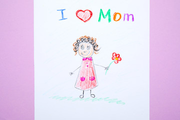 Drawing for Mother's day on lilac background, top view