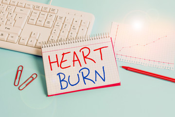 Conceptual hand writing showing Heart Burn. Concept meaning a burning sensation or pain in the throat from acid reflux Paper blue keyboard office study notebook chart numbers memo