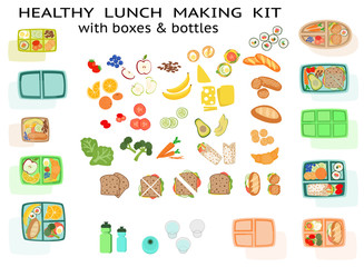 Lunch making Kit lunchbox with healthy sandwich food fruit vegetables and boxes bento box