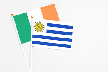 Uruguay and Ireland stick flags on white background. High quality fabric, miniature national flag. Peaceful global concept.White floor for copy space
