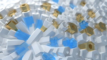 Abstract 3d illustration wall background. White and shiny Hexagonal structure Selective focus macro shot with shallow DOF