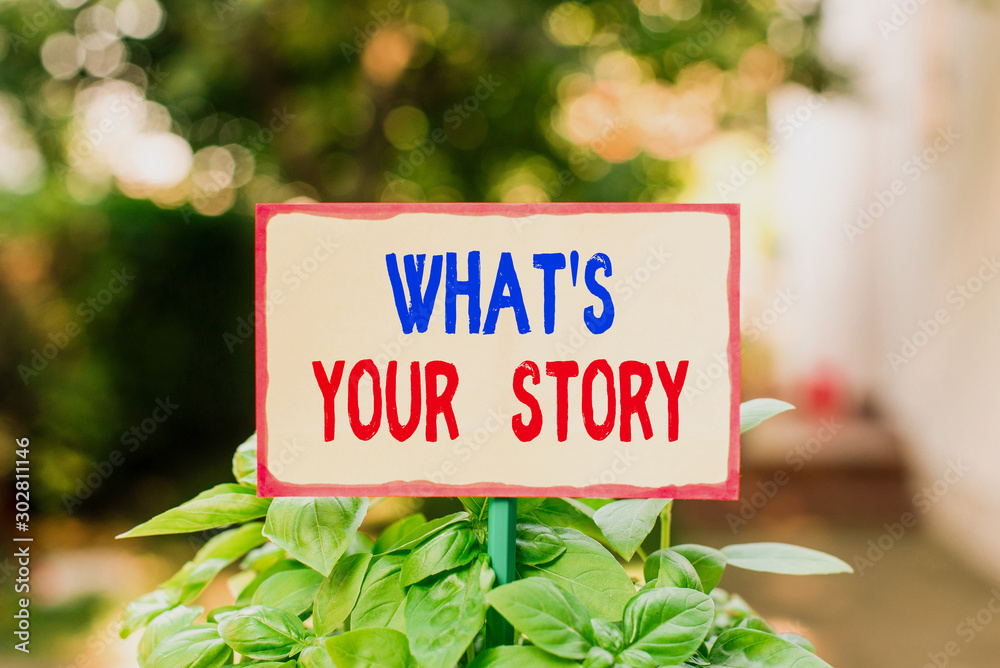 Fototapete text sign showing what s your story. business photo text asking someone tell me about himself share 