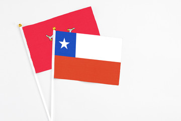 Chile and Isle Of Man stick flags on white background. High quality fabric, miniature national flag. Peaceful global concept.White floor for copy space.