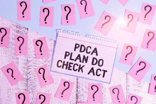 Writing note showing Pdca Plan Do Check Act. Business concept for Deming Wheel improved Process in Resolving Problems Scribbled and crumbling papers with thick cardboard above wooden table