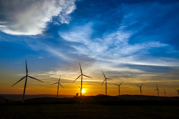 Obraz premium Wind turbine farm from clean energy. Wind power for electricity.