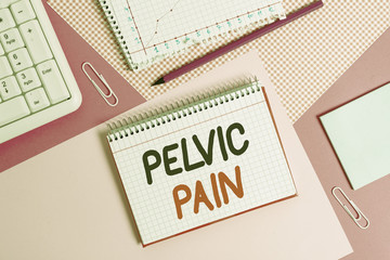 Writing note showing Pelvic Pain. Business concept for Pain perceived in the area of the lower part of the abdomen Writing equipments and computer stuffs placed above colored plain table