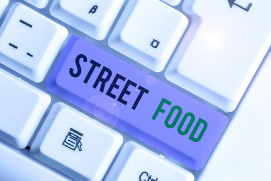 Word writing text Street Food. Business photo showcasing cooked food sold by vendors in a street or other public location