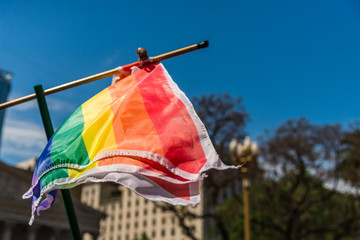 Rainbow flag at a Pride Day gay, lesbian, and LGBT parade