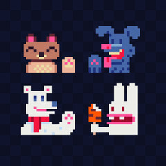 Cute animals, cat, dog, hare, Pixel art characters. Pet icons. Stickers, logo design. Isolated vector illustration. 