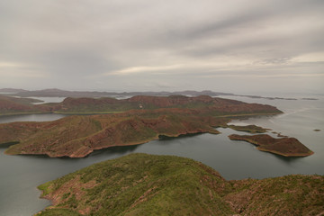 Aerial landscape view of Lake Argyle, the largest man made lake in Australia in the remote Kimberley region of Australia.