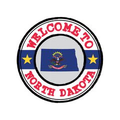 Vector stamp of welcome to North Dakota with map outline of the states in center. the states of America.