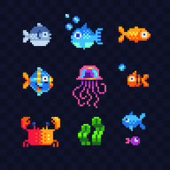 Obraz na płótnie Canvas Set of sea animals characters, jellyfish, seaweed, crab, pixel art 80s style isolated vector illustration. Cartoon flat style fish icons. Element design for mobile app and sticker. Game assets.