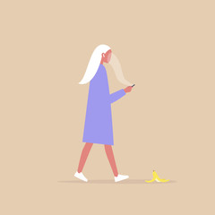 Modern lifestyle, Millennial female character addicted to a smartphone stepping on a banana peel