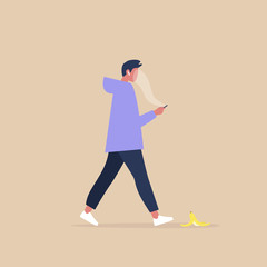 Modern lifestyle, Millennial male character addicted to a smartphone stepping on a banana peel