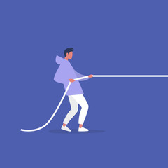 Tug of war, young male character pulling a rope, conceptual illustration