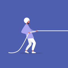 Tug of war, young indian male character pulling a rope, conceptual illustration