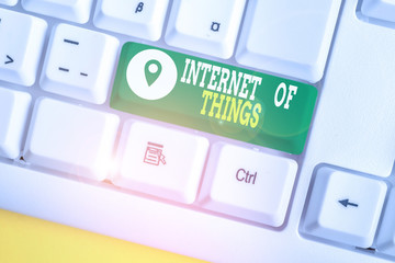 Writing note showing Internet Of Things. Business concept for connection of Devices to the Net to Send Receive Data White pc keyboard with note paper above the white background