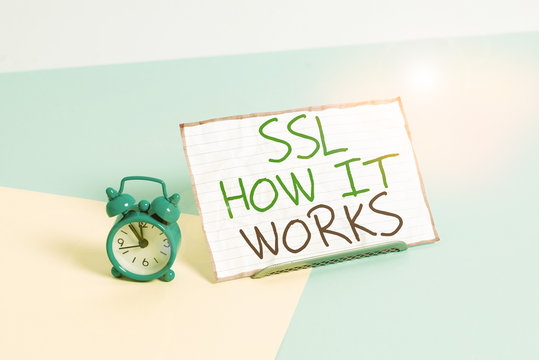 Handwriting text writing Ssl How It Works. Conceptual photo session key is used to encrypt all transmitted data Mini size alarm clock beside a Paper sheet placed tilted on pastel backdrop