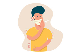 young man with mask suffering form fever, cold sickness, cough and shake, flu symptom, illness, health problem, allergy, virus infection. character cartoon flat vector illustration.