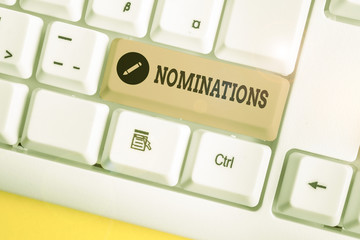 Text sign showing Nominations. Business photo showcasing the act of officially suggesting someone...