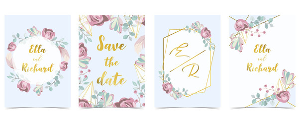 Pink blue gold geometry wedding invitation with rose,flower,heart and leaves.Vector birthday invitation for kid and baby.Editable element