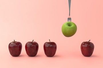 Stand out from the crowd concept idea. A fork picking a green apple among the other red apples on pink background. 3D illustrations.