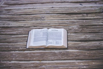 Fototapeta Overhead shot of an open bible on a wooden pathway obraz