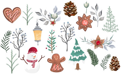 Watercolor Christmas object collection with pine cone,snowman,tree,light.Vector illustration for icon,logo,sticker,printable