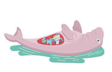 environmental concept, sea, ocean pollution with plastic waste, bottle, garbage, trash or rubbish in animal stomach, marine life, dead pink dugong. cartoon flat vector illustration.