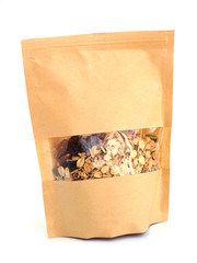 Grain in brown paper container isolated on white background.