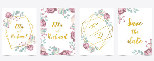 Pink white gold geometry wedding invitation with rose,flower,heart and leaves.Vector birthday invitation for kid and baby.Editable element